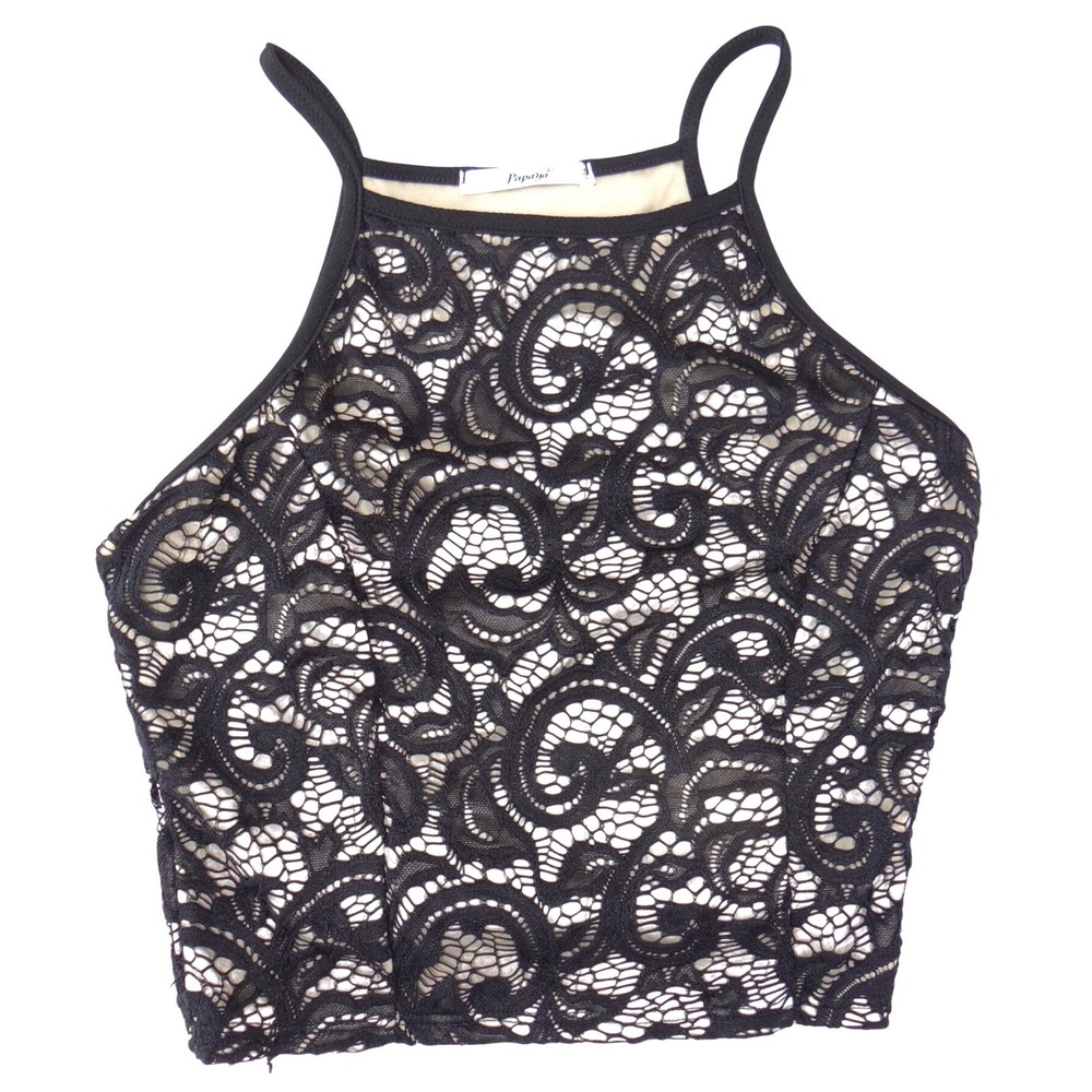 Papaya Womens Black Floral Lace High Neck Crop‎ Top Spaghetti Strap Medium